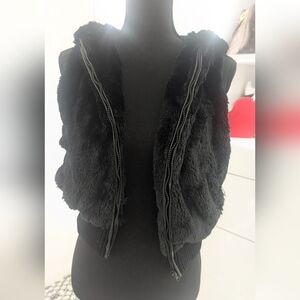 Black Fur Hooded Zip Up Vest size S